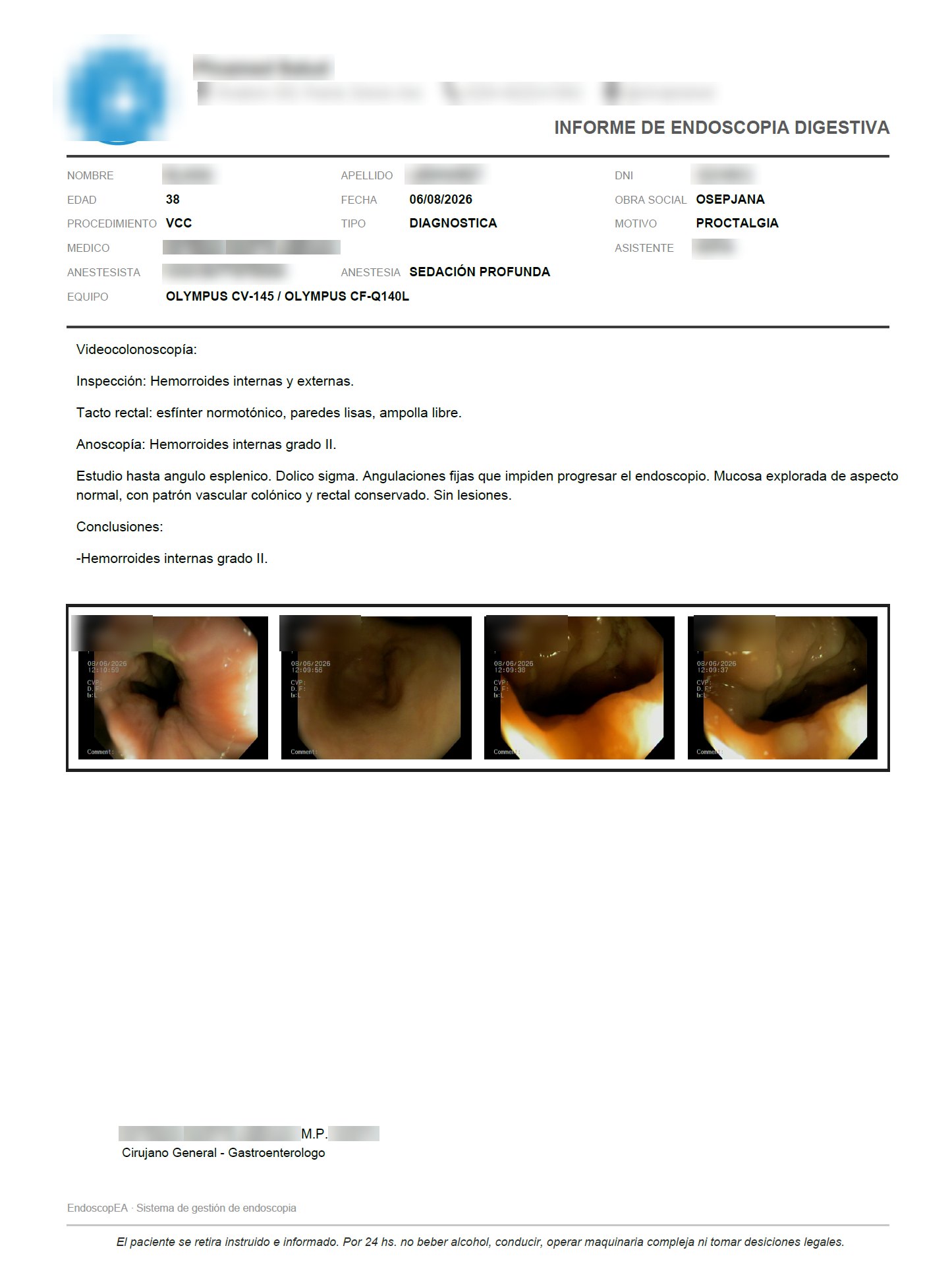 Informe de endoscopía en PDF para el paciente
